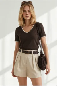Olalook Women's Brown V-Neck Chain Garnished Flexible Ribbed T-Shirt