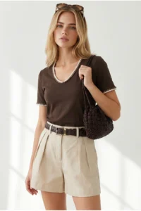 Olalook Women's Brown V-Neck Chain Garnished Flexible Ribbed T-Shirt - Image 3