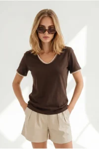Olalook Women's Brown V-Neck Chain Garnished Flexible Ribbed T-Shirt - Image 4