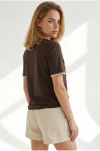 Olalook Women's Brown V-Neck Chain Garnished Flexible Ribbed T-Shirt - Image 5