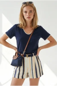 Olalook Women's Navy Blue V-Neck Chain Garnished Flexible Ribbed T-Shirt - Image 2