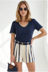 Olalook Women's Navy Blue V-Neck Chain Garnished Flexible Ribbed T-Shirt - Image 3