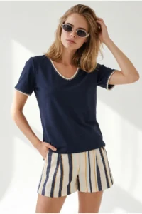 Olalook Women's Navy Blue V-Neck Chain Garnished Flexible Ribbed T-Shirt - Image 4