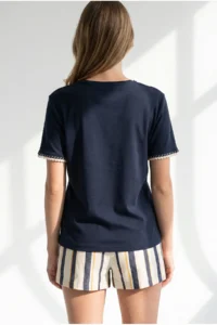 Olalook Women's Navy Blue V-Neck Chain Garnished Flexible Ribbed T-Shirt - Image 5