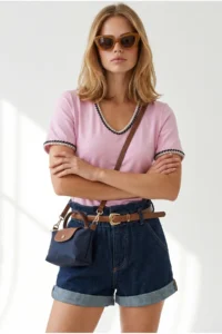 Olalook Women's Pink V-Neck Chain Garnished Flexible Ribbed T-Shirt - Image 2