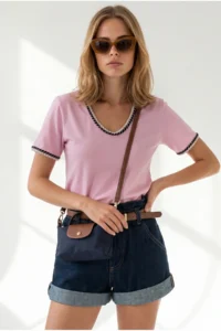 Olalook Women's Pink V-Neck Chain Garnished Flexible Ribbed T-Shirt - Image 3