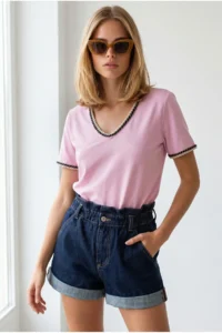 Olalook Women's Pink V-Neck Chain Garnished Flexible Ribbed T-Shirt - Image 4