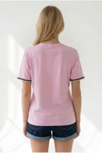 Olalook Women's Pink V-Neck Chain Garnished Flexible Ribbed T-Shirt - Image 5