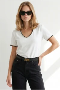 Olalook Women's White V-Neck Chain Garnished Flexible Ribbed T-Shirt
