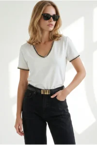Olalook Women's White V-Neck Chain Garnished Flexible Ribbed T-Shirt - Image 2
