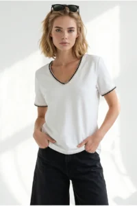 Olalook Women's White V-Neck Chain Garnished Flexible Ribbed T-Shirt - Image 3