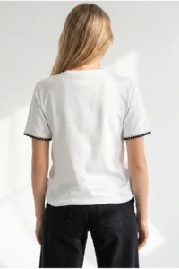 Olalook Women's White V-Neck Chain Garnished Flexible Ribbed T-Shirt - Image 4