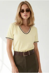Olalook Women's Yellow V-neck Chain Garnished Flexible Ribbed T-Shirt - Image 3