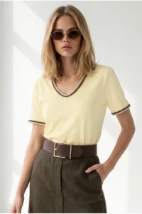 Olalook Women's Yellow V-neck Chain Garnished Flexible Ribbed T-Shirt - Image 4
