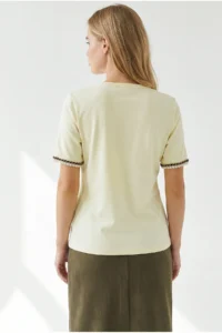 Olalook Women's Yellow V-neck Chain Garnished Flexible Ribbed T-Shirt - Image 5