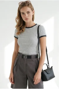Olalook Women's Gray Striped Color Detailed Crop Cotton T-Shirt - Image 2