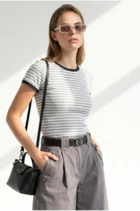 Olalook Women's Gray Striped Color Detailed Crop Cotton T-Shirt - Image 3