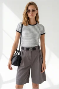 Olalook Women's Gray Striped Color Detailed Crop Cotton T-Shirt - Image 4