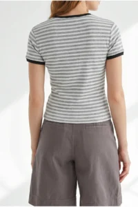 Olalook Women's Gray Striped Color Detailed Crop Cotton T-Shirt - Image 5