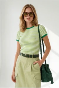 Olalook Women's Green Striped Color Detailed Crop Cotton T-Shirt