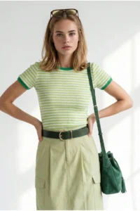 Olalook Women's Green Striped Color Detailed Crop Cotton T-Shirt - Image 2