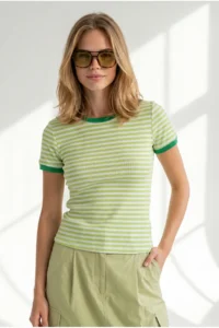 Olalook Women's Green Striped Color Detailed Crop Cotton T-Shirt - Image 3