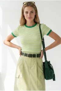 Olalook Women's Green Striped Color Detailed Crop Cotton T-Shirt - Image 4