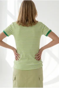 Olalook Women's Green Striped Color Detailed Crop Cotton T-Shirt - Image 5