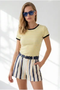 Olalook Women's Yellow Striped Color Detailed Crop Cotton T-Shirt