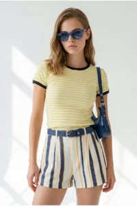 Olalook Women's Yellow Striped Color Detailed Crop Cotton T-Shirt - Image 2