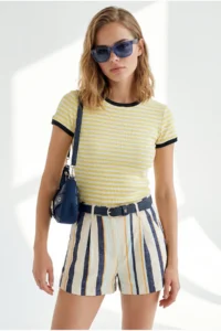 Olalook Women's Yellow Striped Color Detailed Crop Cotton T-Shirt - Image 3
