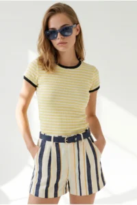 Olalook Women's Yellow Striped Color Detailed Crop Cotton T-Shirt - Image 4