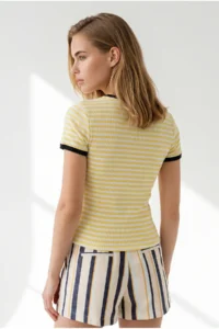Olalook Women's Yellow Striped Color Detailed Crop Cotton T-Shirt - Image 5