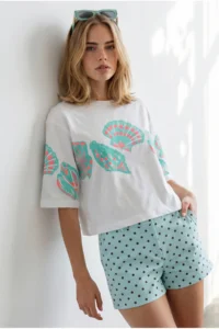 Olalook Women's White Seashell Printed Cotton T-Shirt