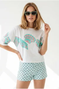 Olalook Women's White Seashell Printed Cotton T-Shirt - Image 3