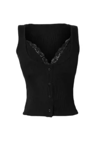 TRENDYOLMİLLA Black Plain Fitted Cowl Neck Sleeveless Lace Detailed Crop Ribbed Flexible Knitting Blouse - Image 6