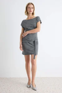 TRENDYOLMİLLA Multicolored Striped bodycon Belted Mini Viscose Rib Unlined Knitting Dress