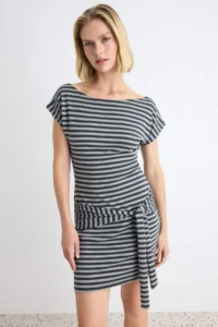 TRENDYOLMİLLA Multicolored Striped bodycon Belted Mini Viscose Rib Unlined Knitting Dress - Image 2