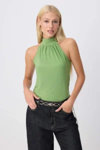 TRENDYOLMİLLA Oil Green Halter Neck off shoulder Knitting Blouse
