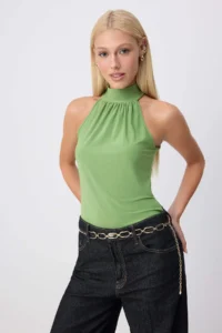 TRENDYOLMİLLA Oil Green Halter Neck off shoulder Knitting Blouse - Image 2