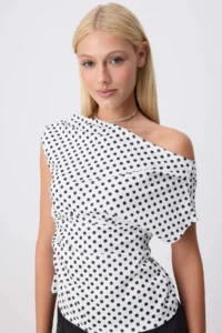 TRENDYOLMİLLA Multicolored Polka Dot Ruffle/Drape Detailed Draped Asymmetric Collar Knitting Blouse - Image 2
