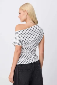 TRENDYOLMİLLA Multicolored Polka Dot Ruffle/Drape Detailed Draped Asymmetric Collar Knitting Blouse - Image 4
