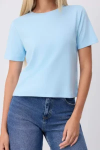 TRENDYOLMİLLA Light BLUE Thick Cotton Tough Fabric Crew Neck Short Sleeve Regular Cut Knitting T-Shirt - Image 3