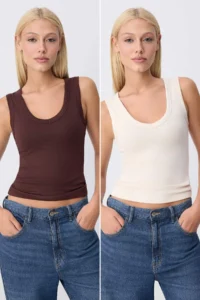 TRENDYOLMİLLA Brown-BEIGE Plain Fitted V-neck Thick Sleeveless Sleeveless Soft Knitting Tank Top