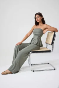TRENDYOLMİLLA Khaki Plain peplum Sleeveless Shirred Wide Leg Soft Touch Knitting Bottom - Top Set - Image 2