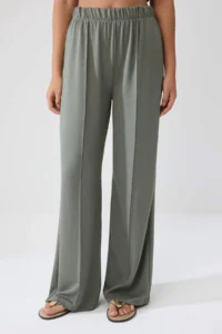 TRENDYOLMİLLA Khaki Plain peplum Sleeveless Shirred Wide Leg Soft Touch Knitting Bottom - Top Set - Image 3