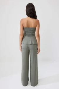 TRENDYOLMİLLA Khaki Plain peplum Sleeveless Shirred Wide Leg Soft Touch Knitting Bottom - Top Set - Image 4