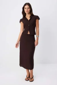 TRENDYOLMİLLA Brown slim Fit Shirt Midi Skirt Weaving Bottom - Top Set