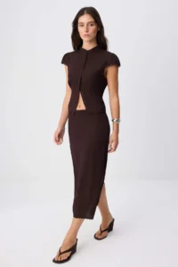 TRENDYOLMİLLA Brown slim Fit Shirt Midi Skirt Weaving Bottom - Top Set - Image 2