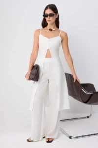 TRENDYOLMİLLA WHITE LONG Vest Blouse and Pants Weaving Bottom&Top Bottom - Top Set